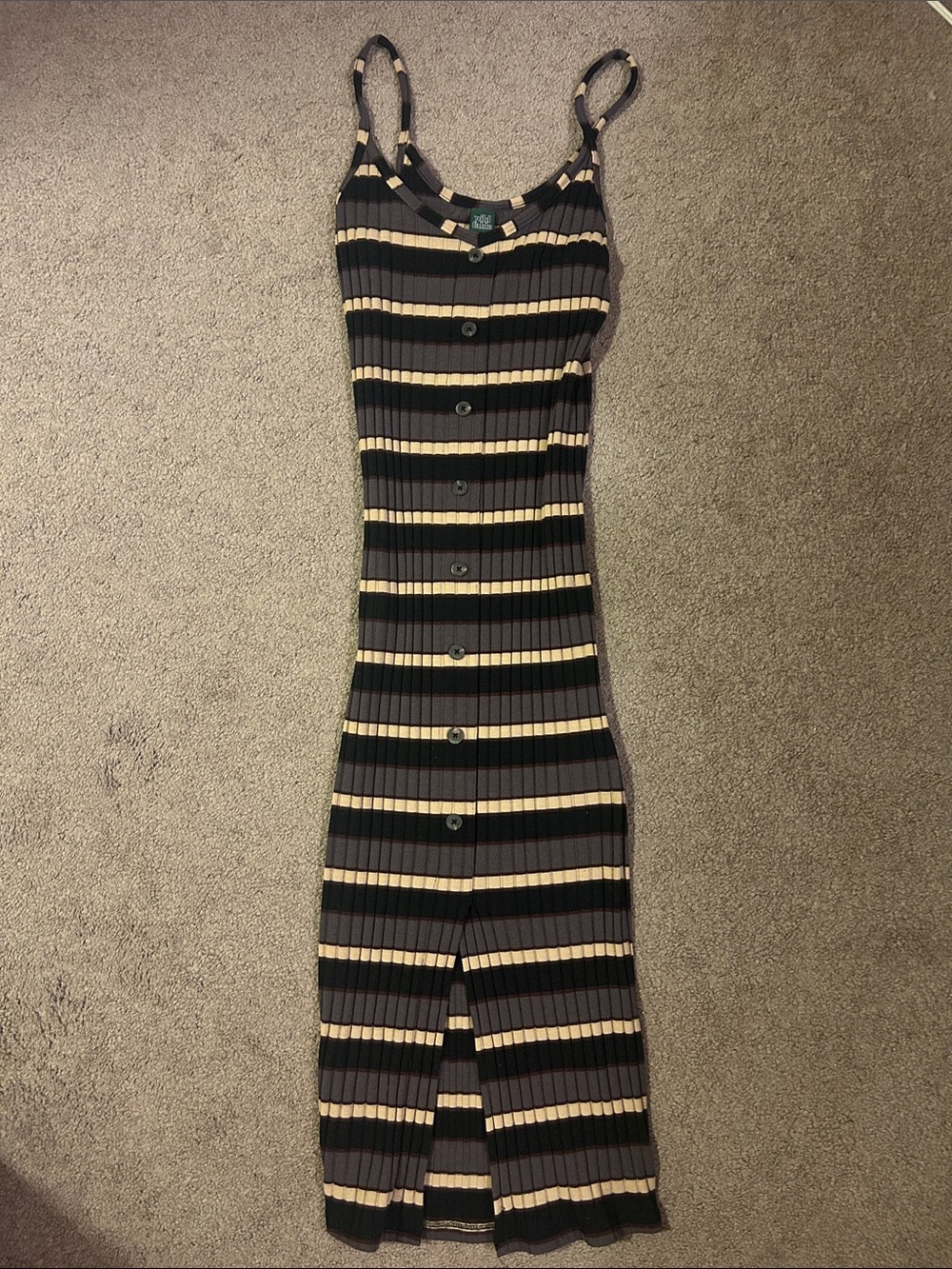 wild fable Black & Cream Striped Rib-Knit Button Midi Dress